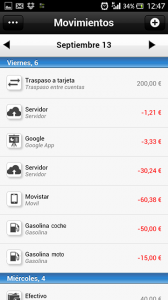 Imagen de movimientos de una contabilidad en la app de Android